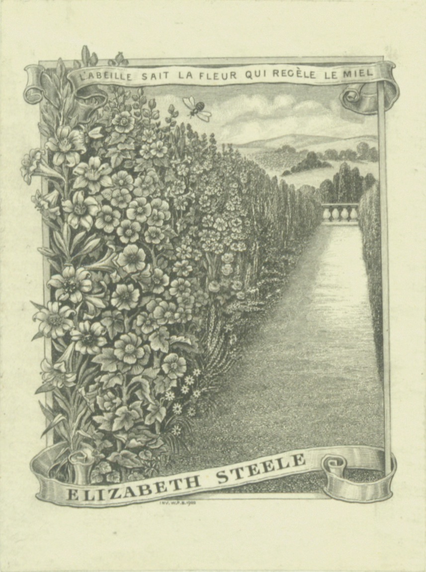White bookplate with a printed black illustration of a thicket of flowers receding toward the horizon, with a path along it. Mountains in the background. French text is printed in a banner above, and Elizabeth Steele is printed on a banner below.  