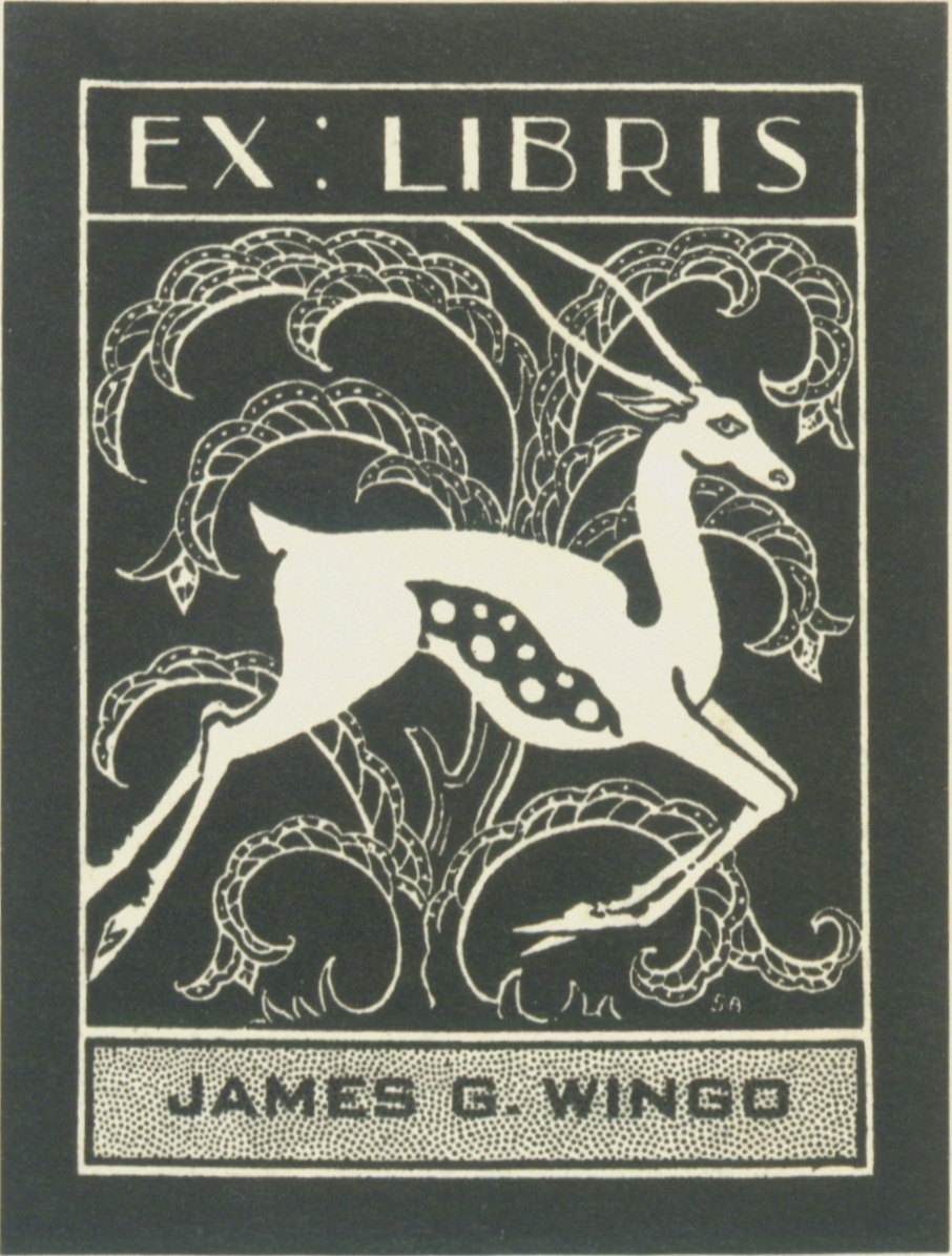 Black bookplate decorated with a stylized illustration of a graceful white gazelle with the wording Ex Libris James G Wingo above and below