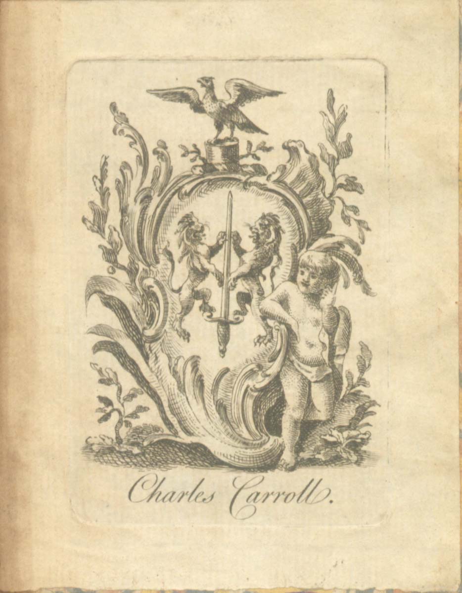Bookplate with escutcheon with leaves displaying a variation of the Carroll family coat of arms. Crest: A falcon displayed on perch with branches on an argent and vert torse. Arms: Two lions rampant supporting a sword.