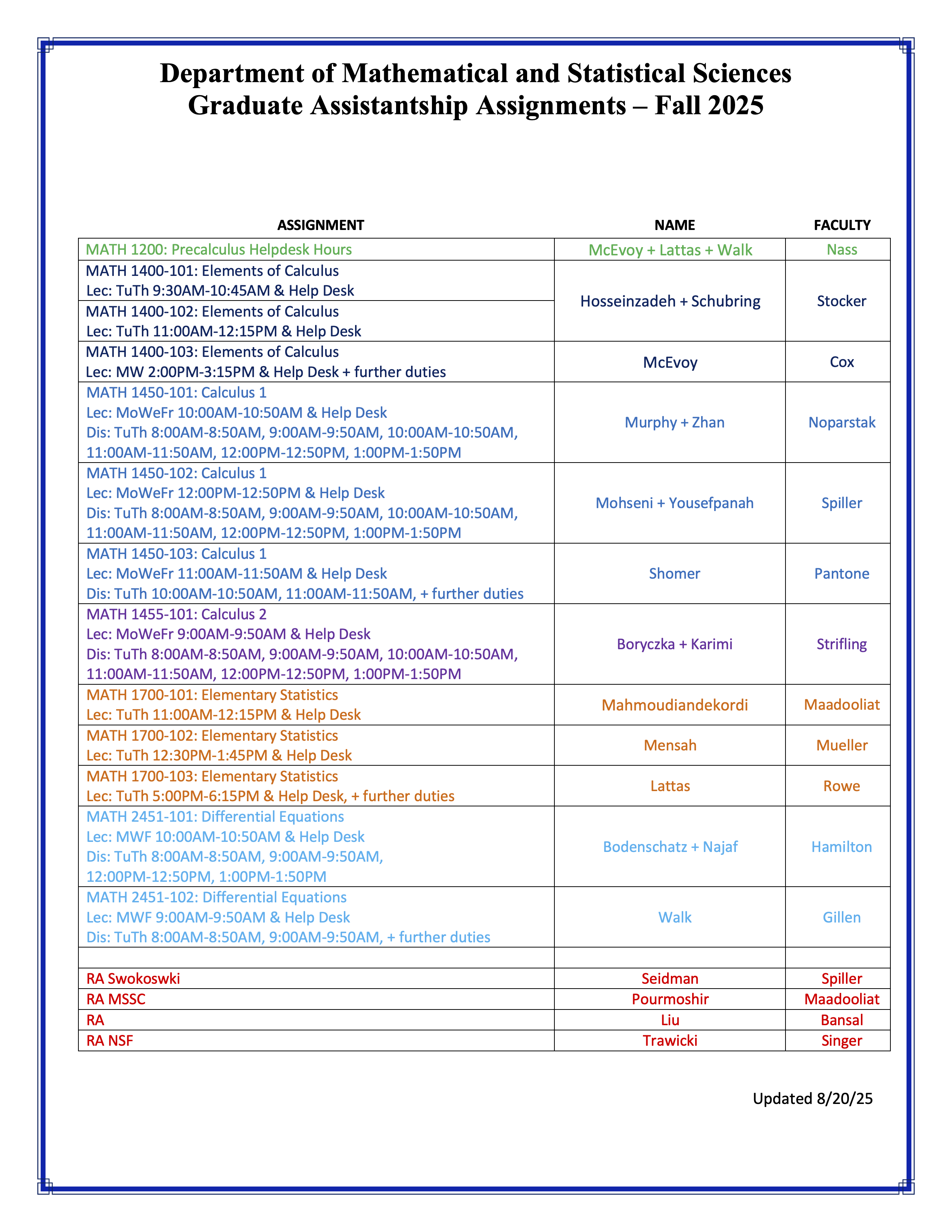 TA / RA assignments - details in PDF link