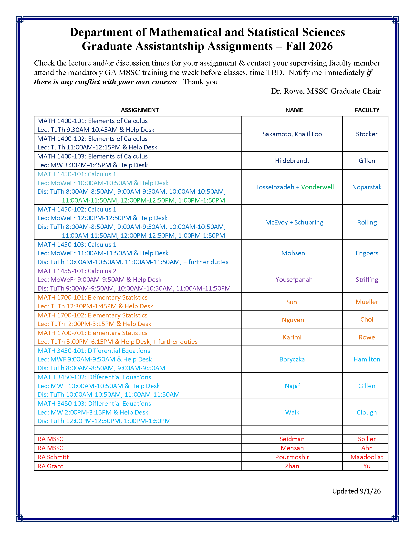 TA / RA assignments - details in PDF link