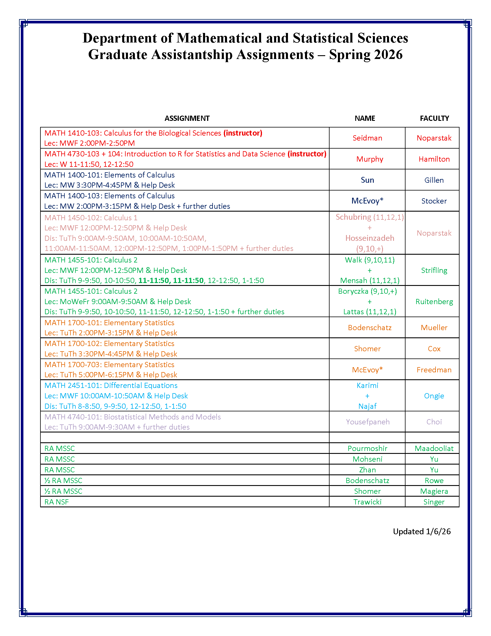 TA / RA assignments - details in PDF link