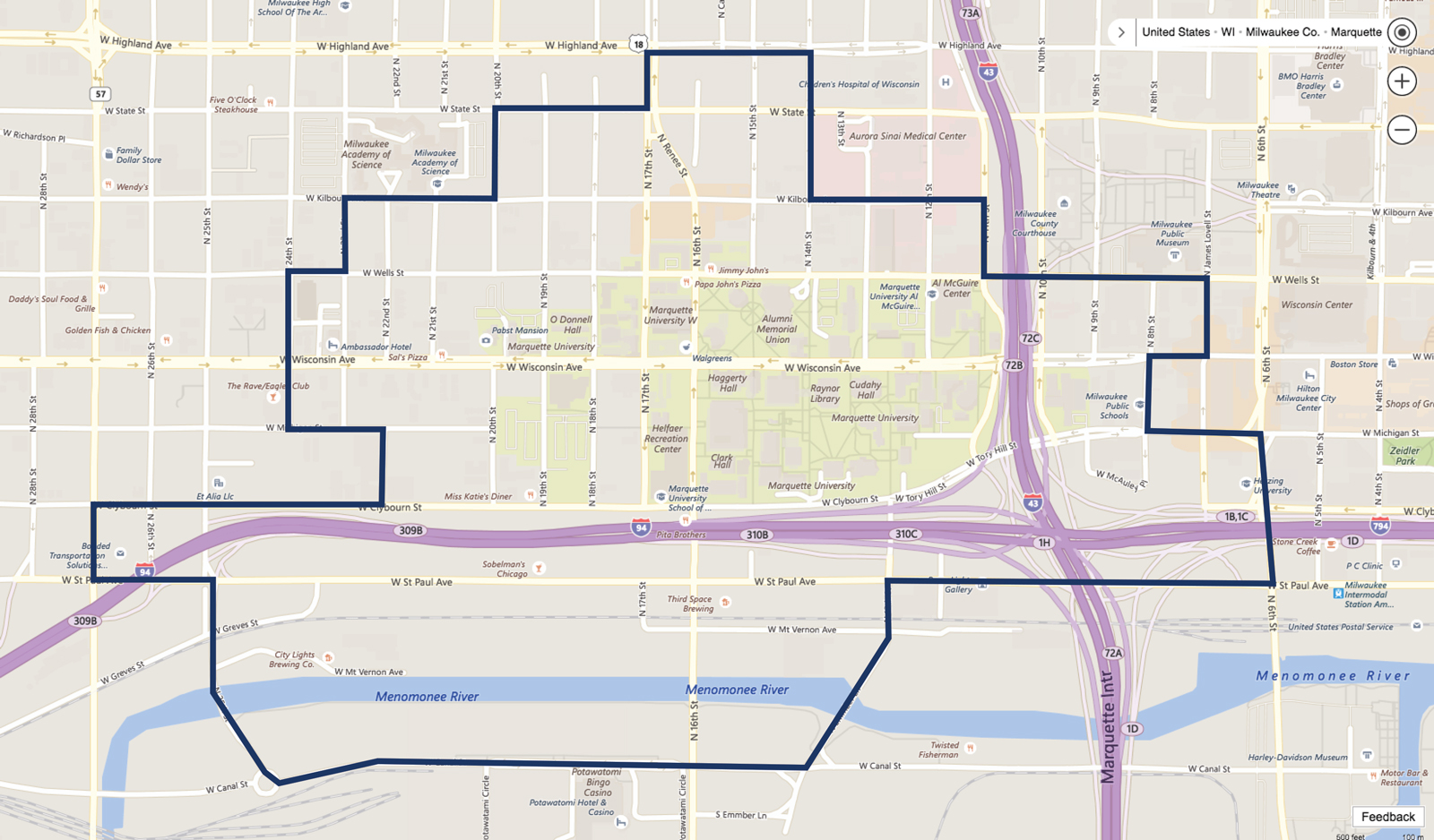 Campus map showing patrol boundaries of Marquette University Police Department