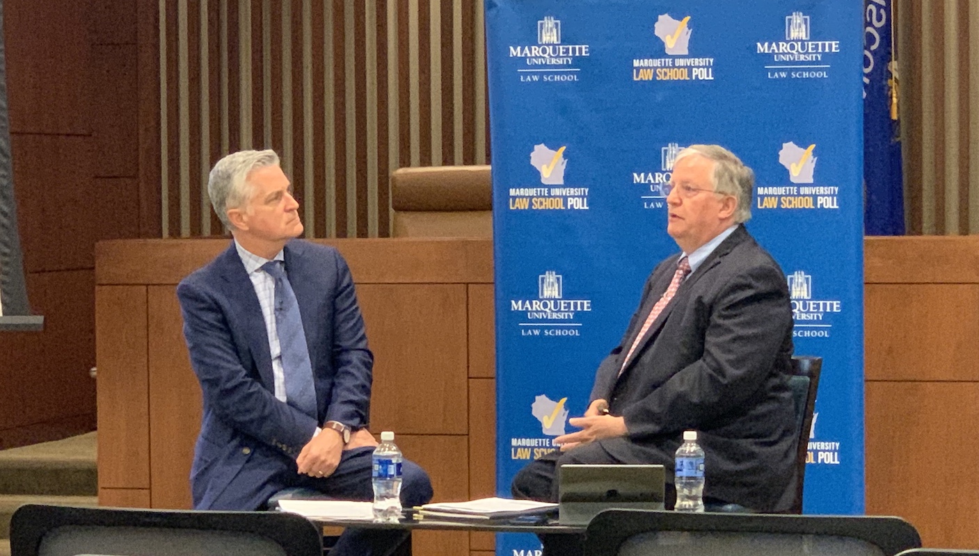 Mike Gousha and Dr. Charles Franklin at the Dec. 12, 2019, Marquette Law Poll presentation