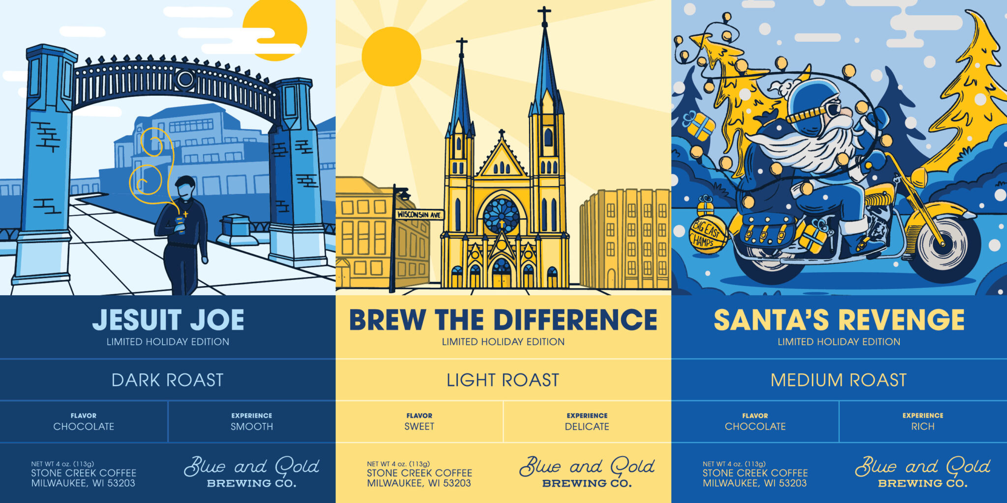 Three labels for the Blue & Gold Brewing holiday coffee box