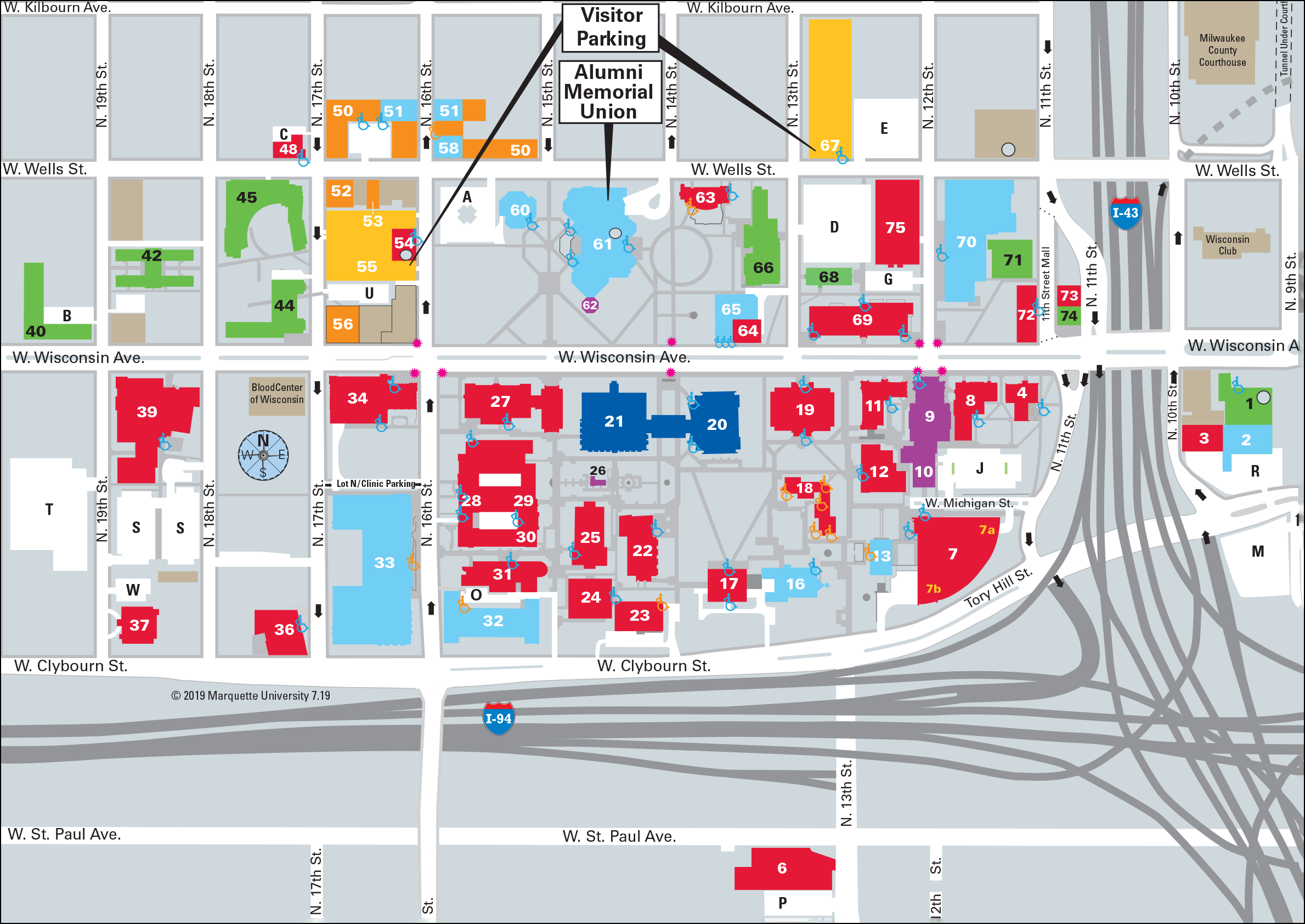 Campus map of parking lots