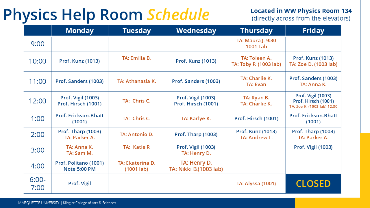 Graphic table shows hour blocks and available professors and TA's