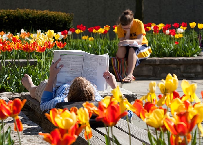 Students on Central Mall in spring
