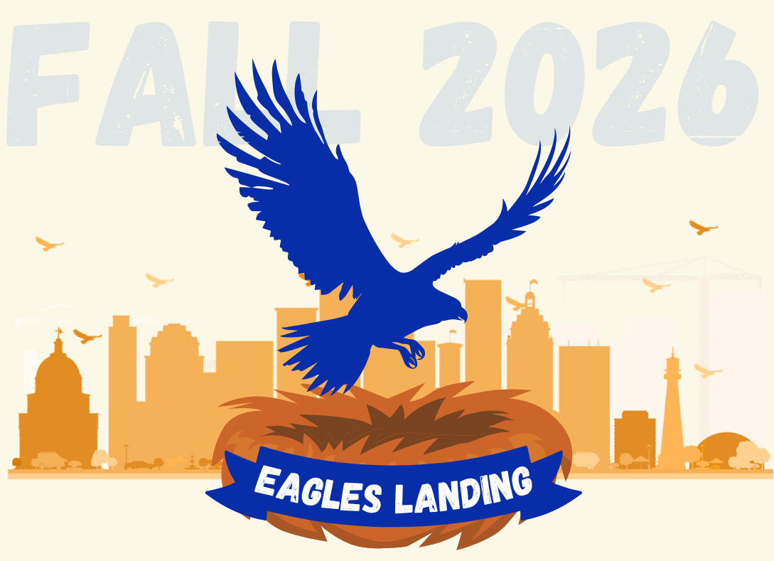 eagle landing in a nest, Milwaukee skyline in background