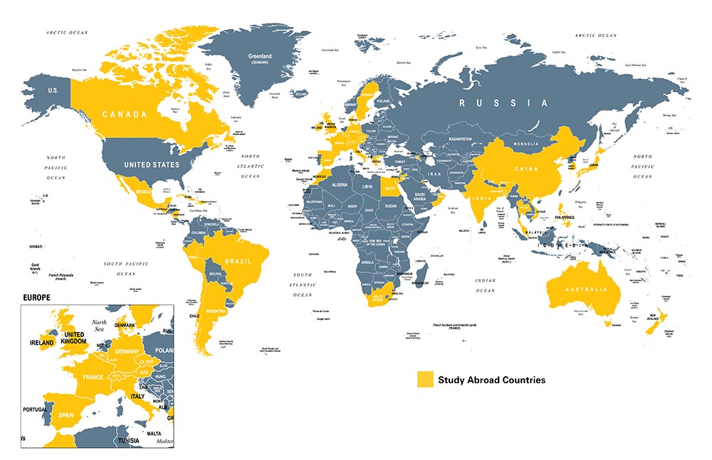 Map of countries with study abroad programs
