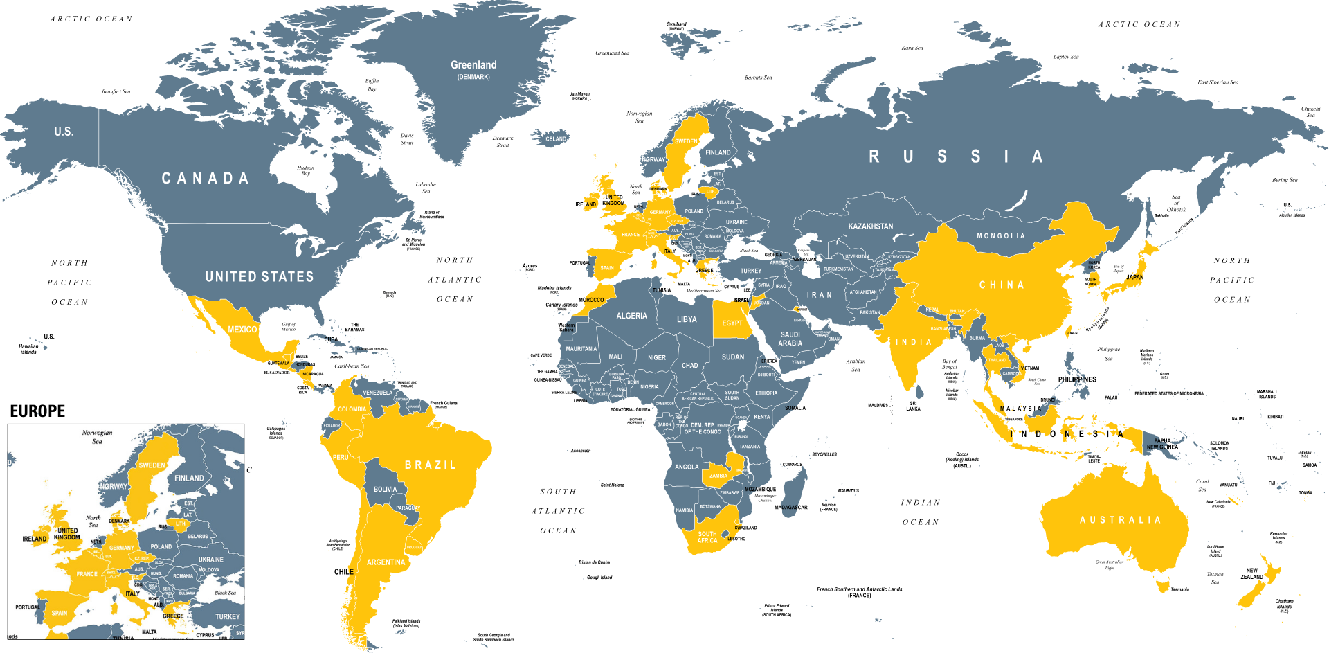 World map with countries highlighted where we have study abroad programs