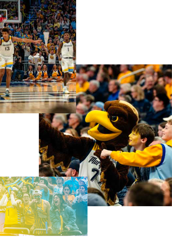 collage includes mens basketball team, Iggy - marquette's mascot and young fan, and a group of college fans