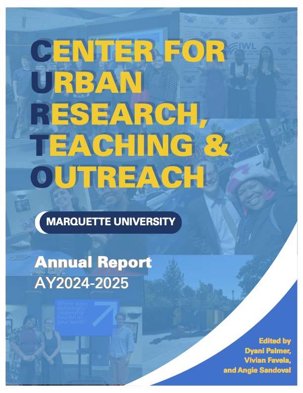 Title page of 2025 blue coloring, CURTO expaned horizontal background photos of students and faculty