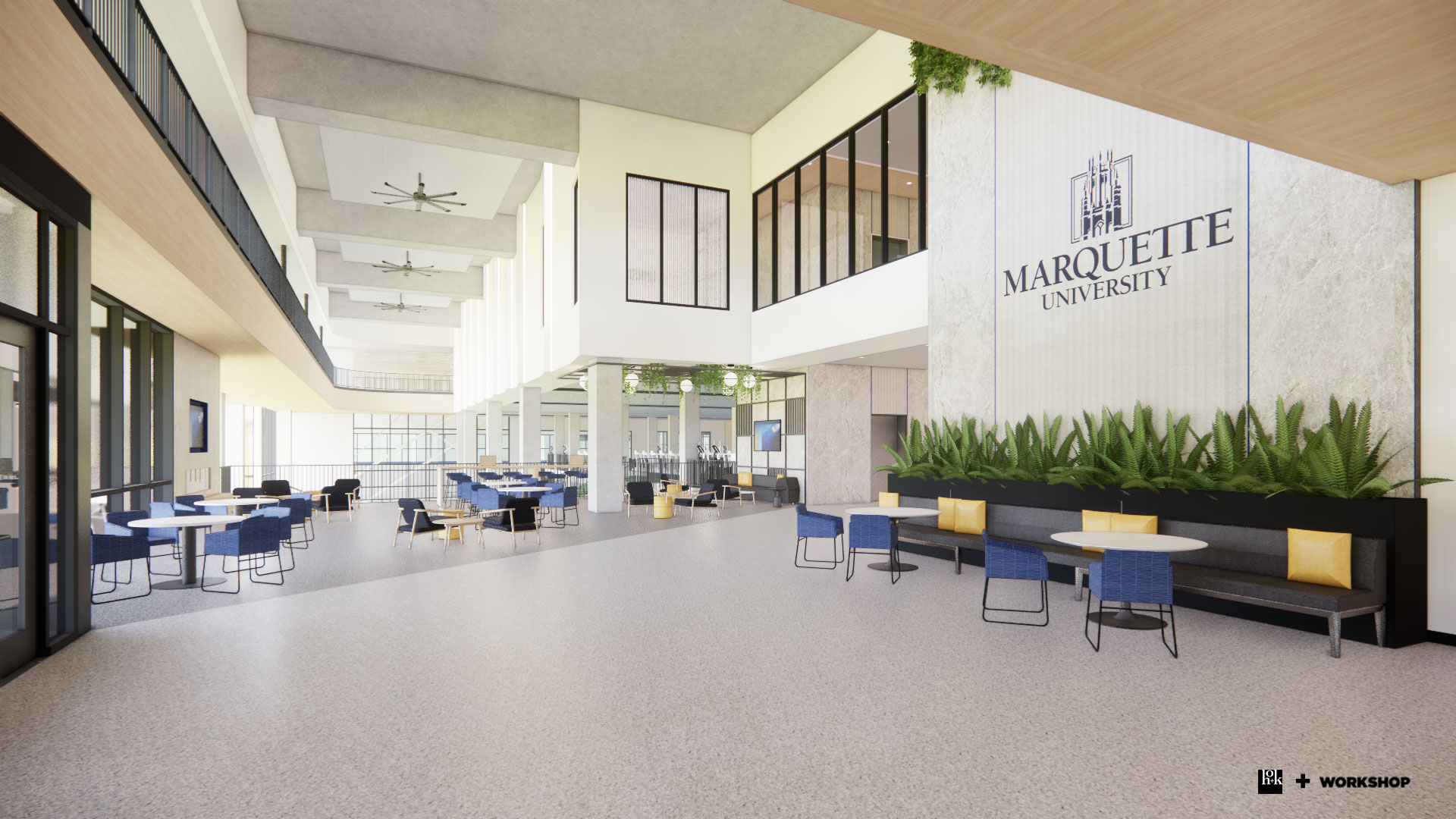 Rendering of the lobby of the recreation and wellness center.