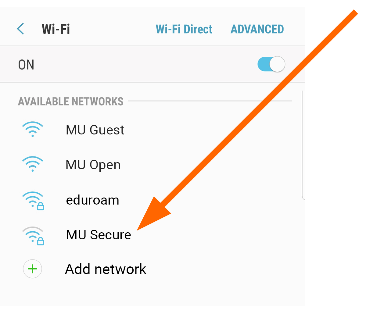 Wi-Fi choices with MU Secure identified with an arrow