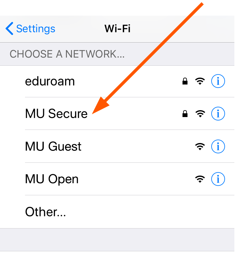 MU Secure is highlighted among Wi-Fi networks with an arrow