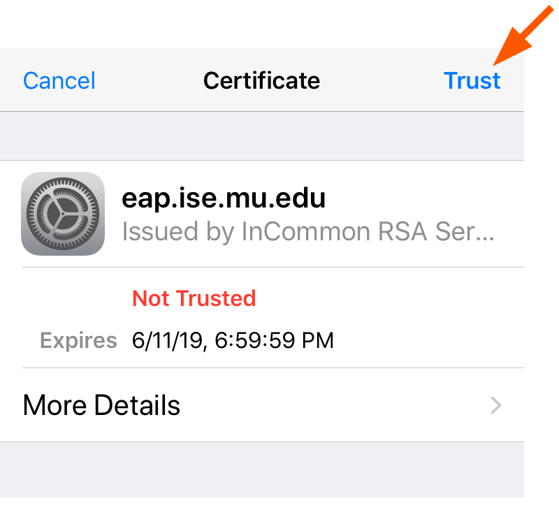 iOS screen showing certificate and arrow directing user to tap Trust