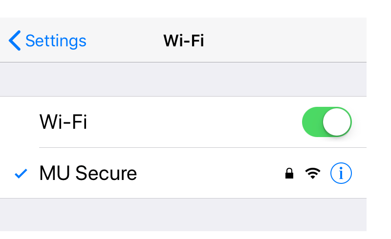 iOS Wi-Fi screen showing MU Secure