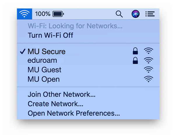 MU Secure is connected as shown in Wi-Fi menu